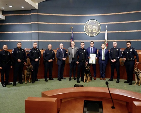 Culver City Officials, Police Department Chief Sims, Assistant Chief Dunlap, Captain Martinez, Captain Bellante, and K9 Officers and their K9 Partners all stand side by side as Culver City Recognizes K9 Ander's Retirement