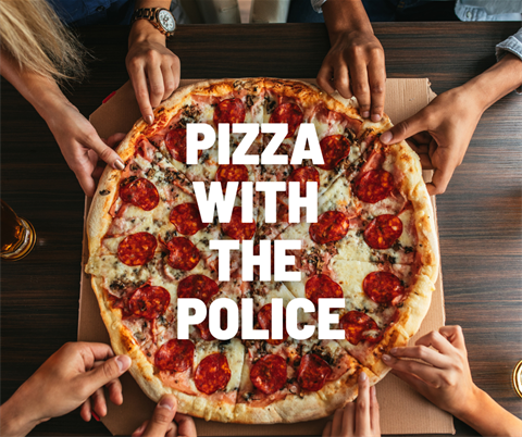 hands reaching in together to grab pizza with the wording pizza with the police