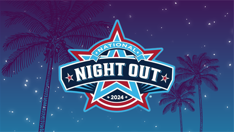 The words National Night Out 2024 with a starry sky and palm trees in the background